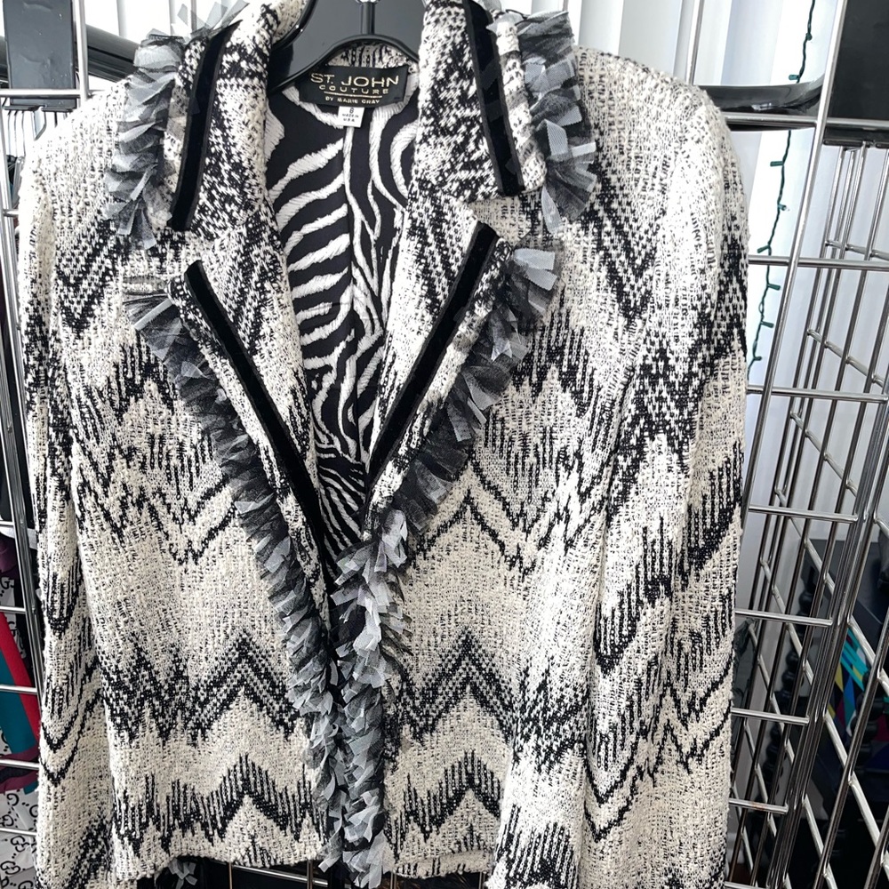 St. John Couture Collection Vintage Black/White Chevron lined Zebra print Jacket